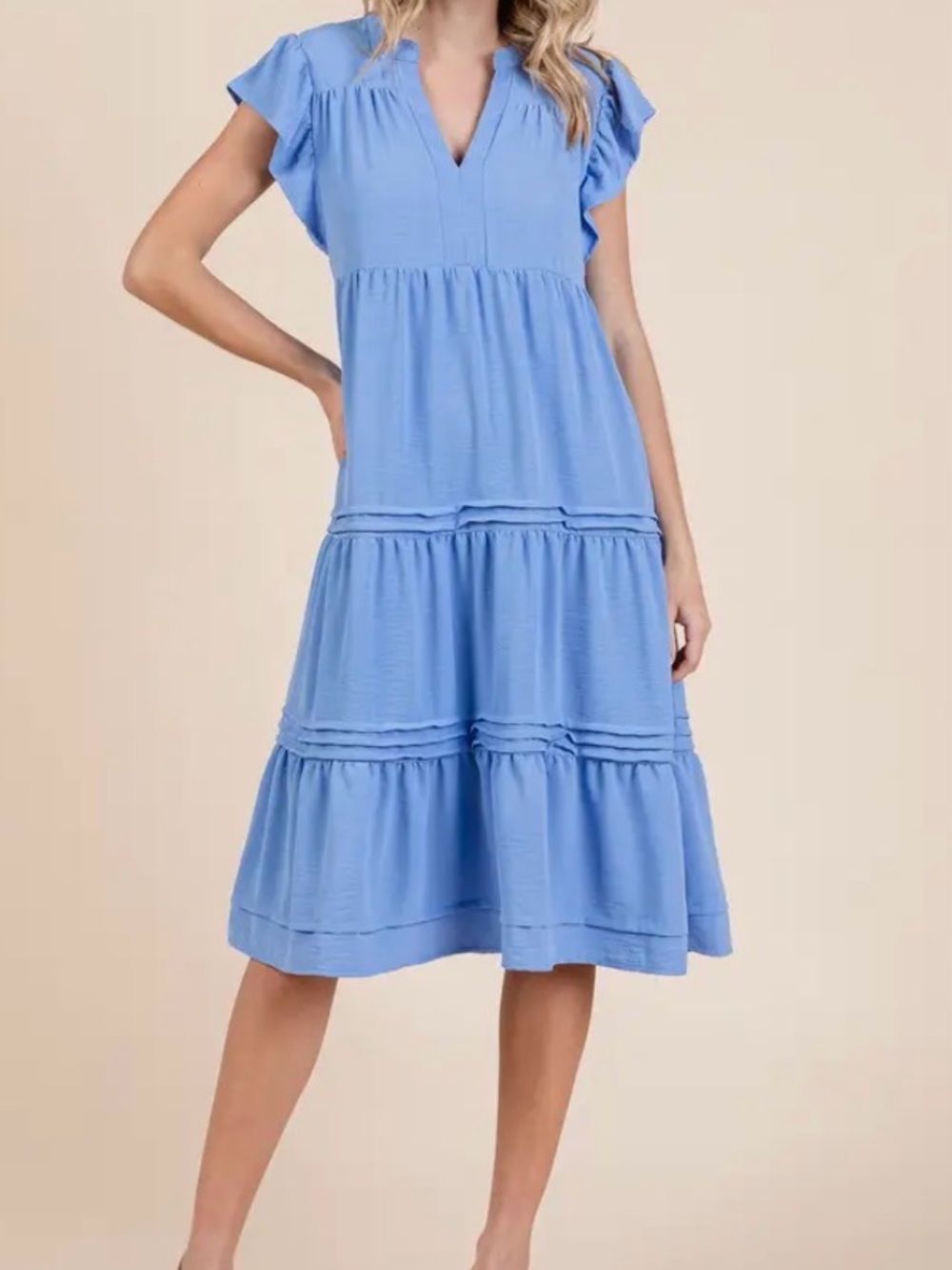 Light Blue Tiered Midi Dress with Ruffle Sleeves